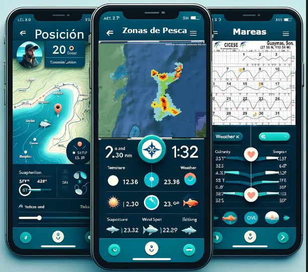 App móvil con mapa de zonas de pesca, posición de la embarcación y mareas